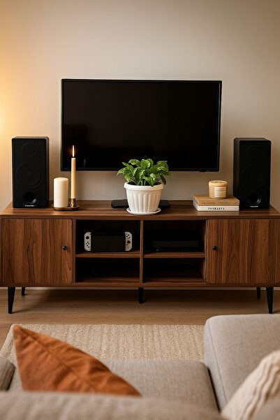 MARIA HOMES Modern Walnut TV Cabinet 163×40×54 cm Wooden Entertainment Unit with Open Shelves and Side Cabinets