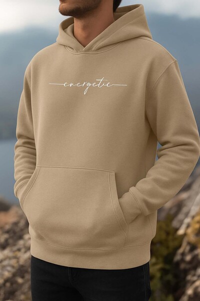 Trend Sizde Hanorac unisex bej cu glugă cu imprimeu energizant