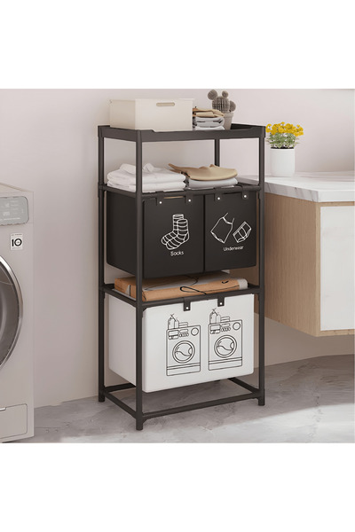 Tim Cos Rufe 3 Nivele Pentru Sortare Lenjerie Sosete,Haine Albe și Inchise,metal,4 compartimente, negru