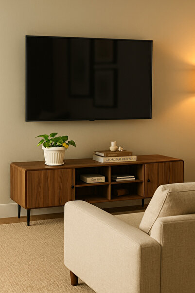 MARIA HOMES Modern Walnut TV Cabinet 163×40×54 cm Wooden Entertainment Unit with Open Shelves and Side Cabinets