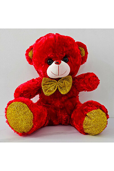 velve Ursulet de plus Red Sunny, cu sunete de iubire, papion si texturi glitter, inaltime 40 cm,Rosu/Auriu