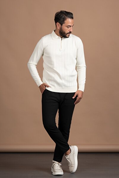 ADVANTE Zippered Polo Neck Polyamide Fabric Self-Striped Lycra Knitwear Sweater