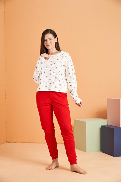 PJS Дамски комплект пижама с кръгла яка, джобове и маншети, 100% памук