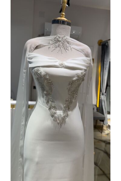 Abiye's BEYAZ NİKAH PAYETLİ PELERİNLİ SÖZ NİŞAN TASARIM BALIK ELBİSE