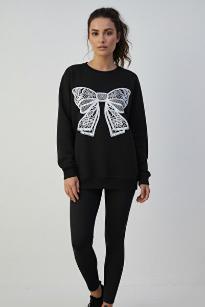 KOZİA OUTDOORS Γυναικείο φούτερ oversize με λευκή δαντέλα και σχέδιο κορδέλας