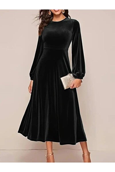 Bijuterria فستان نسائي ميدي مخملي بياقة دائرية وأكمام طويلة