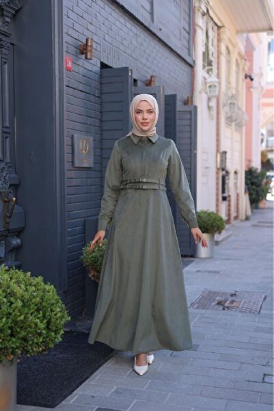 By Pommes Life Women's Half Placket Buttoned Double Belted Corduroy Hijab Dress