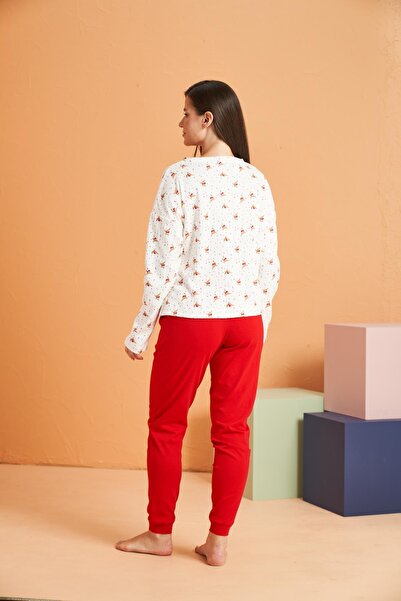 PJS Γυναικείο σετ πιτζάμες με στρογγυλή λαιμόκοψη με μανίκια με μακριά μανίκια από 100% βαμβάκι