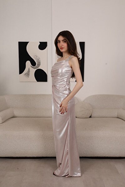 Generic Elegant Light Pink One Shoulder Crystal Shiny Long Evening Dress