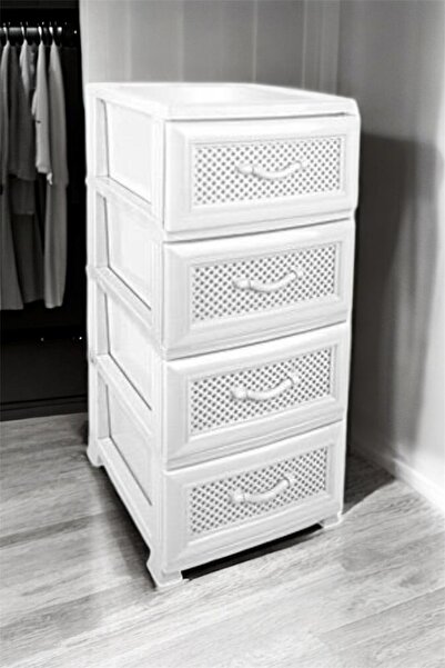 E-LİFE HOME Hasır Kapaklı Beyaz 4 Katlı Plastik Sebzelik Komidin Şifonyer – M...