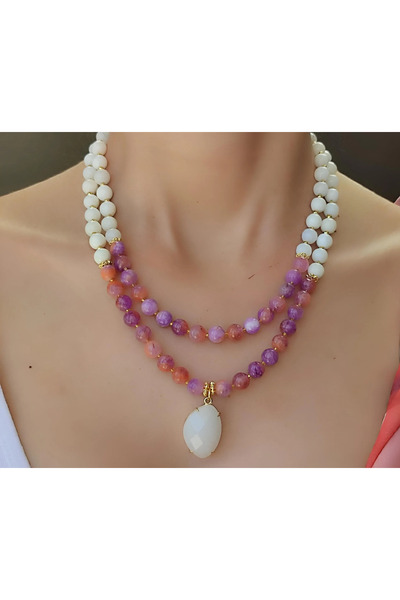 elinasaccessories Ay taşı akik ve kuvars taşlı coklu tasarım kolye el yapımı designer kolye doğal tas kolye