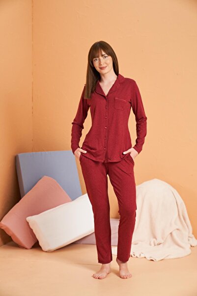 PJS Kadın Biyeli Düğmeli Cepli Uzun Kol Pijama Takımı Yün Viskon Kumaş