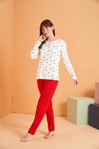 PJS Kadın Yuvarlak Yaka Patlı Uzun Kol Pijama Takımı %100 Pamuk İnterlok Kumaş