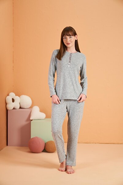 PJS Дамски комплект пижама с дълъг ръкав, с кръгла яка и мека материя