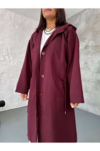 Elif Özbey Butik Burgundy Hooded Full-Length Buttoned Trench Coat