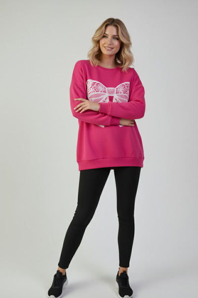 KOZİA OUTDOORS Γυναικείο φούτερ oversize με λευκή δαντέλα και σχέδιο κορδέλας