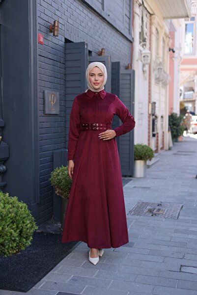 By Pommes Life Women's Half Placket Buttoned Double Belted Corduroy Hijab Dress