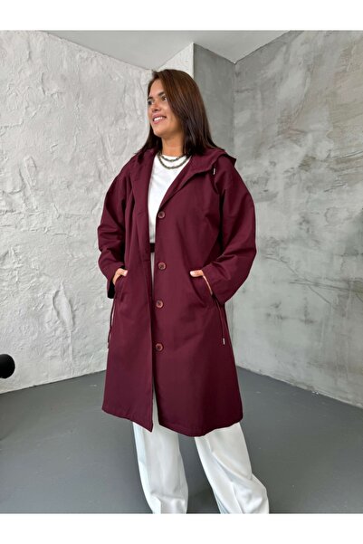 Elif Özbey Butik Burgundy Hooded Full-Length Buttoned Trench Coat
