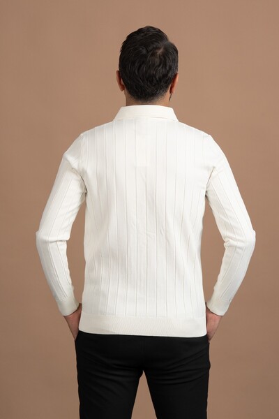 ADVANTE Fermuarlı Polo Yaka Polyamid Kumaş Kendinden Çizgili Likralı Triko Kazak