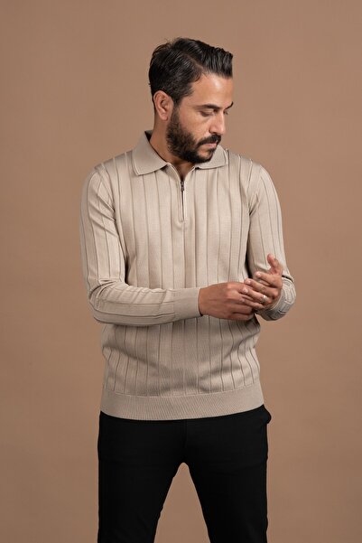 ADVANTE Zippered Polo Neck Polyamide Fabric Self-Striped Lycra Knitwear Sweater