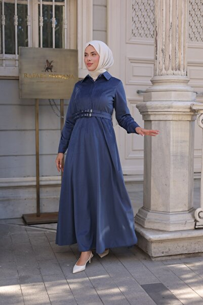 By Pommes Life Women's Half Placket Buttoned Double Belted Corduroy Hijab Dress