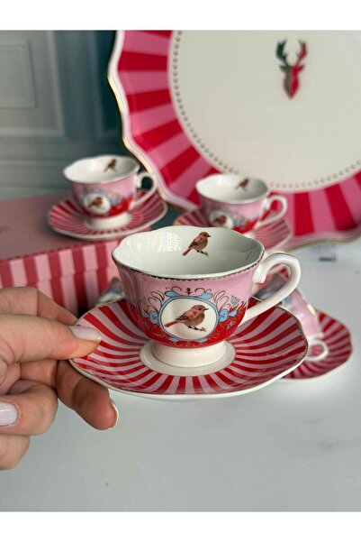 ROSSEV Türk Kahve Fincanı Bird Red 6 Kişilik 12 Parça