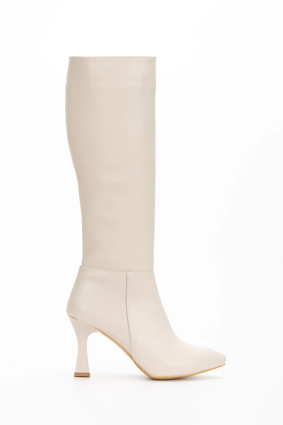 MFT AYAKKABI Cizme de damă bej, până la genunchi, cu vârf ascuțit, cu toc subțire, cu fermoar