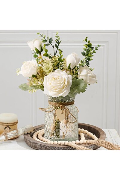 Xess Exrp Fake Flowers with Vase, Silk Roses Artificial Flowers in Vase, Faux Flower Arrangement with Vas