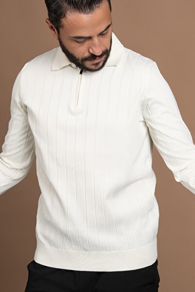 ADVANTE Fermuarlı Polo Yaka Polyamid Kumaş Kendinden Çizgili Likralı Triko Kazak