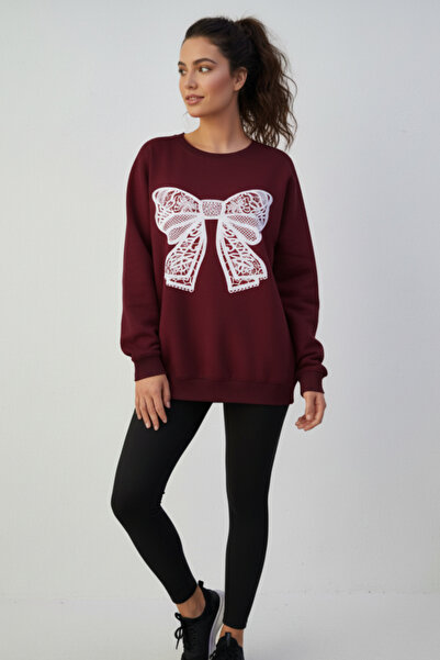 KOZİA OUTDOORS Γυναικείο φούτερ oversize με λευκή δαντέλα και σχέδιο κορδέλας