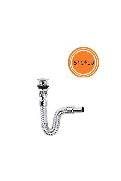 KAHEY Krom Basmalı Sifon - Körüklü Sifon - Lavabo Mutfak Sifonu - Bas Stoplu