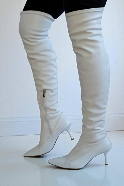 ERS Air Comfort White Genuine Leather Women's Stretch Over-The-Knee Boots 7 cm Pointed Toe