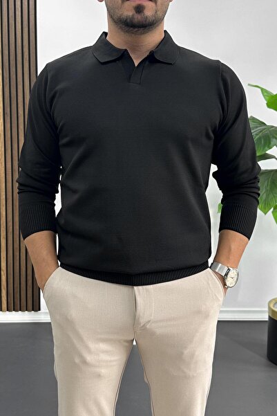 Edwox Men's Open Collar Plain Pattern Regular Fit Sweater Black Edw423