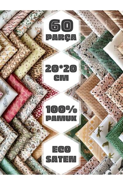 FabricMarket 100% Cotton Satin Fabric – 60 Pieces 20X20 Cm, Safari and Nature Themed Patterns, for Patchwork