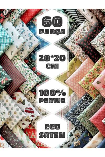 FabricMarket %100 Pamuk Saten Kumaş – 60 Adet 20x20 Cm, Yılbaşı Ve Kış Temalı Desenler, Patchwork Için