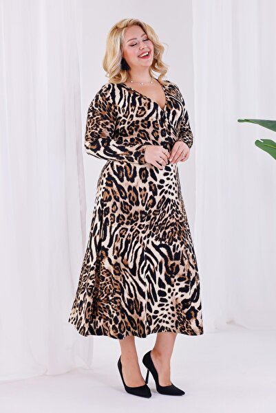 Madwilo Γυναικείο φόρεμα μάξι με διπλό γιακά σε καφέ λεοπάρ σχέδιο, ελαστικό, μεγάλου μεγέθους