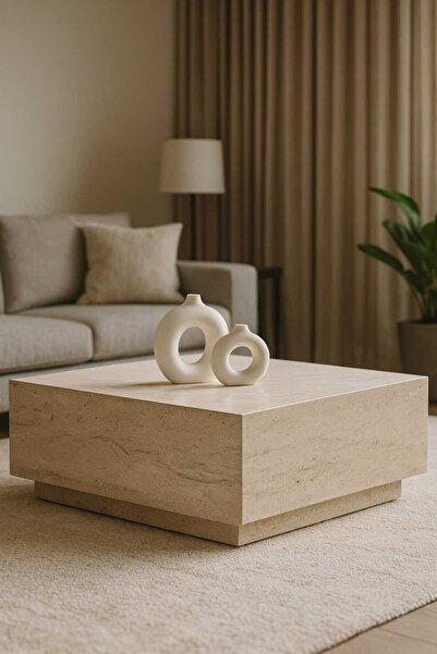 Woody Home Traverten Orta Sehpa, Mermer Desenli ,Küp, Kare Orta Sehpa ,İskandinav Stil, Bohem, 80x80 cm