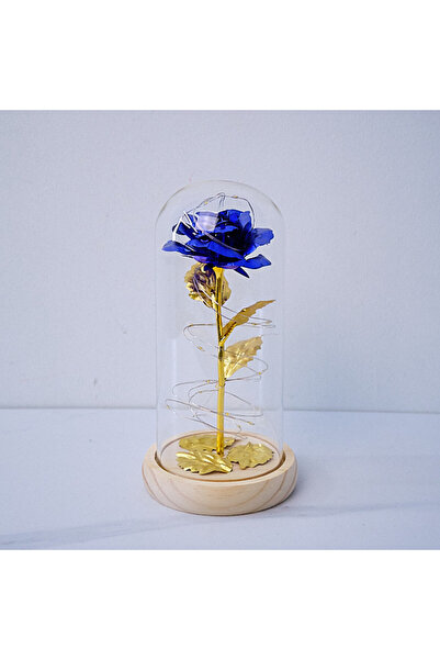 velve Trandafir artizanal in cupola, cu petale pe blat negru, LED, Albastru