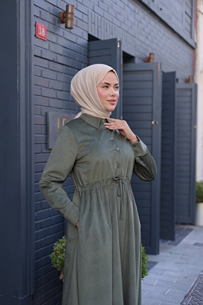 By Pommes Life Women's Half Placket Buttoned Lace-Up Corduroy Hijab Dress