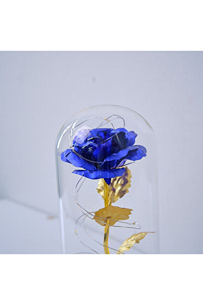 velve Trandafir artizanal in cupola, cu petale pe blat negru, LED, Albastru