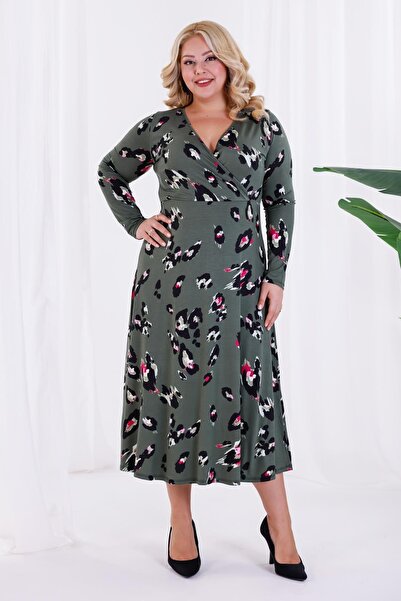 Madwilo Women's Green Tiger Pattern Double Breasted Collar Plus Size Stretchy Maxi Dress