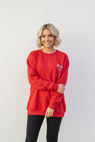 KOZİA OUTDOORS سويت شيرت نسائي كبير الحجم مع تفاصيل شريط وردي على الظهر