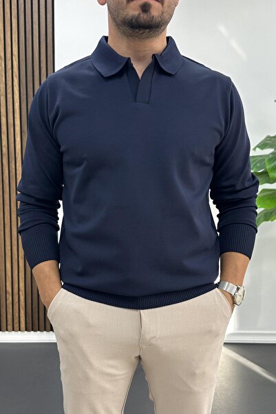 Edwox Men's Open Collar Plain Pattern Regular Fit Sweater Navy Blue Edw423