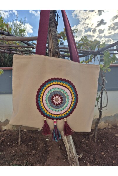 Handream Large Mandala Detailed Cream Duck Fabric Bag