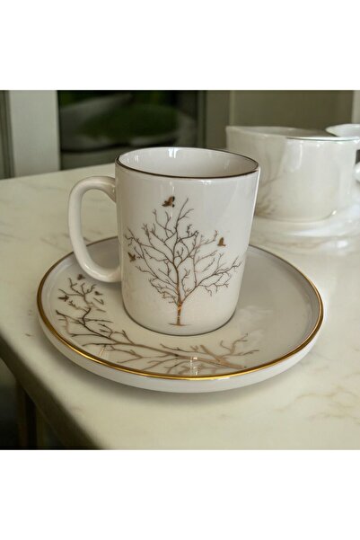 Turkuaz Porselen Altın Hayat Ağacı 2 Kişilik 4 Parça Porselen Kahve Fincanı Takımı