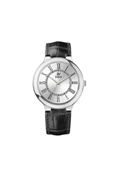 everd Men's Watch Brand Black Leather White Dial Silver Frame