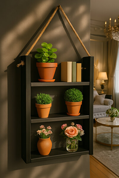 ATÖLYE DÜNYASI 3 katlı Dekoratif Ahşap Halatlı Duvar Rafı Kitaplık & Çiçeklik...