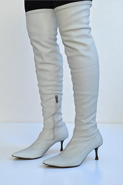 ERS Air Comfort White Genuine Leather Women's Stretch Over-The-Knee Boots Metal 7 cm Pointed Toe