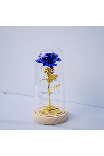 velve Trandafir artizanal in cupola, cu petale pe blat negru, LED, Albastru