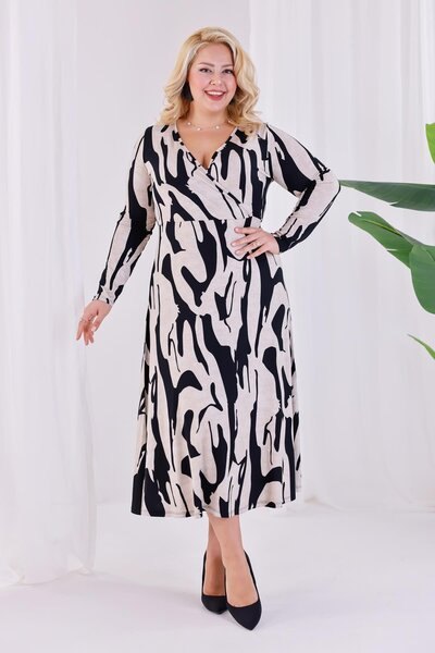 Madwilo Women's Beige Black Abstract Pattern Double Breasted Collar Plus Size Stretchy Maxi Dress